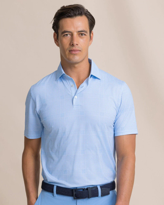Southern Tide Men's Driver Coral Key Plaid Polo in Open Channel collar detail