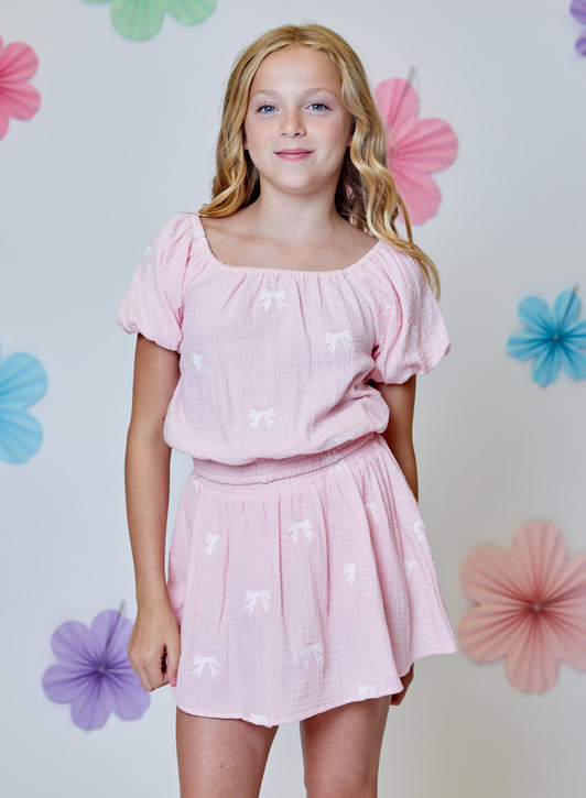 Design History Girls' Embroidered Bows Skort Pink Posies Combo back view