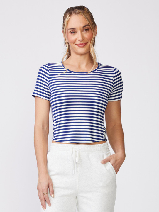 Thrive Societe Women's Stripe Crew Neck Tee in Night Sky White layered view