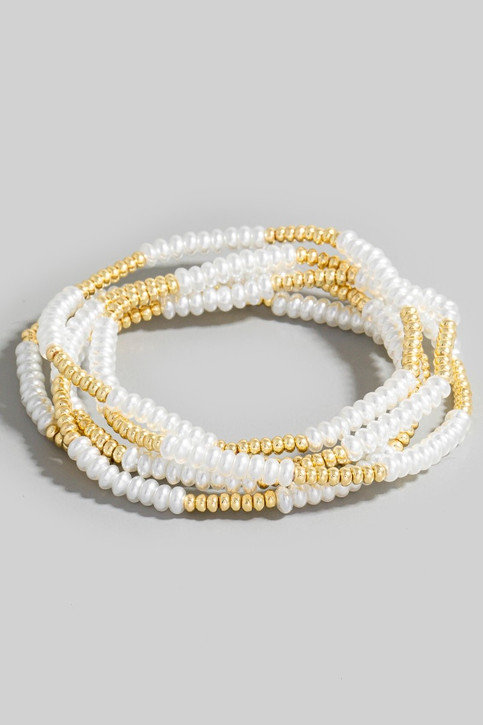 Fame Acrylic Pearl And Metallic Beaded Bracelet Set gold and cream