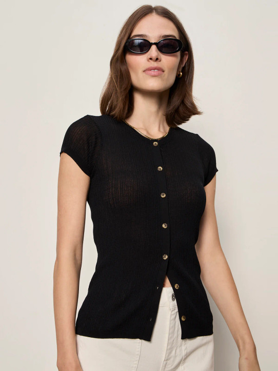 Sanctuary Women's Soft Focus Ribbed Top in Black full length