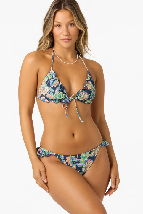 O'Neill Women's Mermaid Floral Loveland Triangle Bikini Top in Navy flat lay