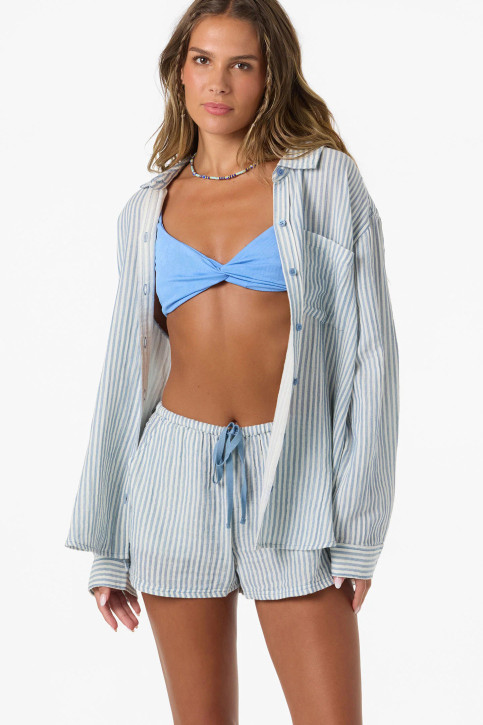 O'Neill Women's Leni Stripe Relaxed Long Sleeve Top in Tofu lifestyle view