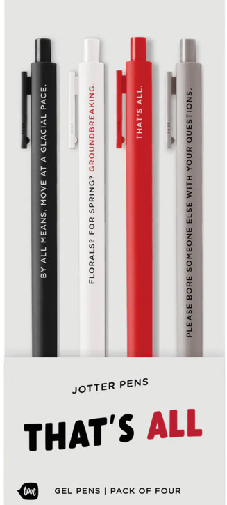 Talking Out Of Turn That's All pen set displayed from front view