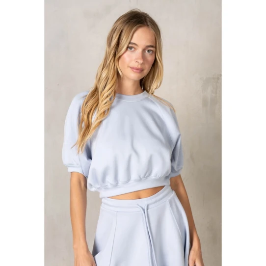 La Biz Women's Neoprene Cropped Raglan Short Sleeve Sweatshirt in Pastel Blue