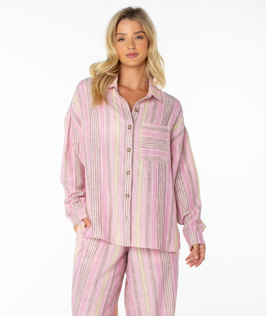 Roxy Women's Lets Get Away Long Sleeve Shirt fuchsia pink coastline stripe front