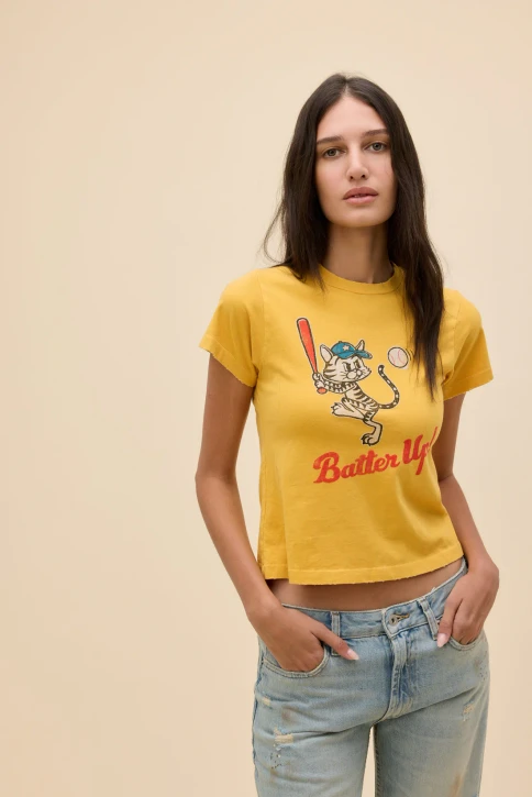 Daydreamer Women's Batter Up Kitty Vintage Tee Yellow Honey Front