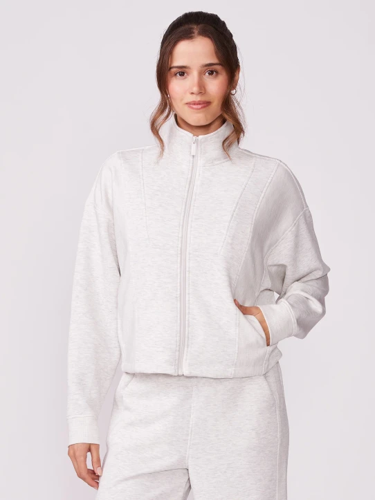 Thrive Societe Women's Ultraluxe Rib Mix Zip Front Jacket in Heather White styled view