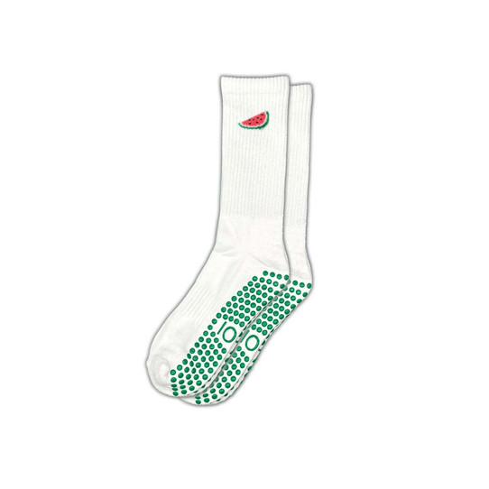 ZOĪ Watermelon Crew Grip Socks White Green flat lay