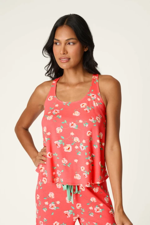 PJ Salvage Women's Siesta Dreams Dark Coral Floral Print Tank Top detail