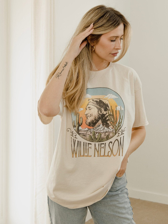 Livy Lu Willie Nelson In The Sky Off White Thrifted Tee flat lay