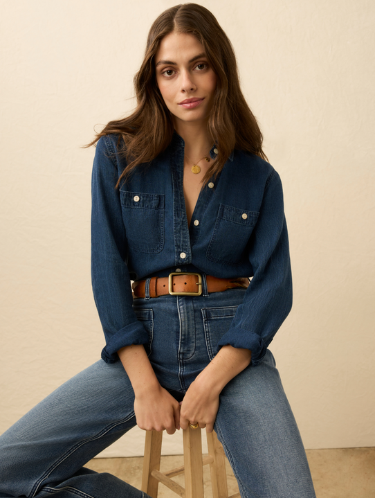 Faherty Tried & True Chambray Classic Shirt Night Lagoon Wash front