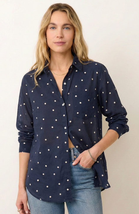 Marine Layer Jane Relaxed Voile Shirt Navy Polka Dot front