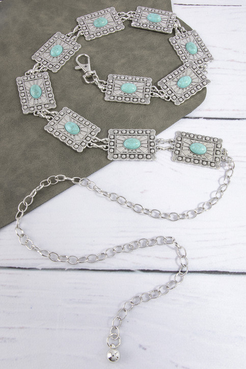 Fame Square Turquoise Concho Chain Statement Belt in Silver
