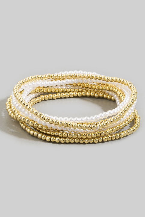Fame Stacked Multi Strand Bead Stretch Bracelet Set in Pearl/Gold detail view