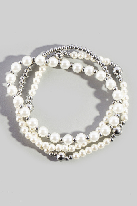 Fame Pearl And Bead 3 Strand Stretch Bracelet Set in Silver/Cream
