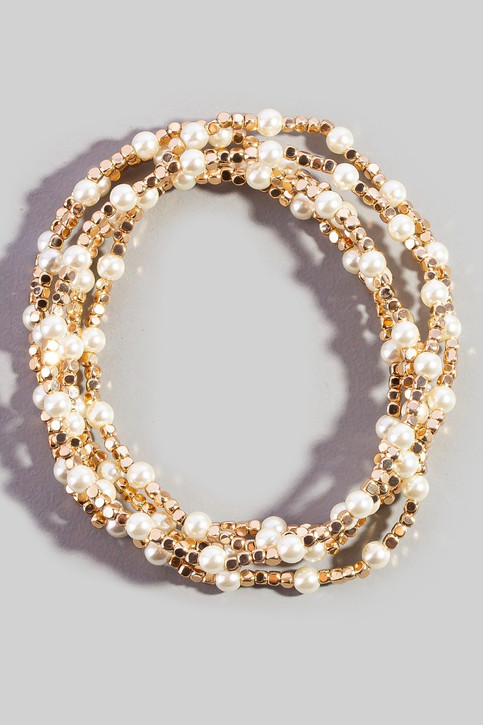 Fame Pearl Gold Cube Bead Stretch Bracelet Set in Pearl/Gold full set