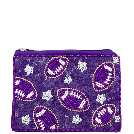 Stars & Footballs Sequin Seed Bead Coin Purse Purple/White