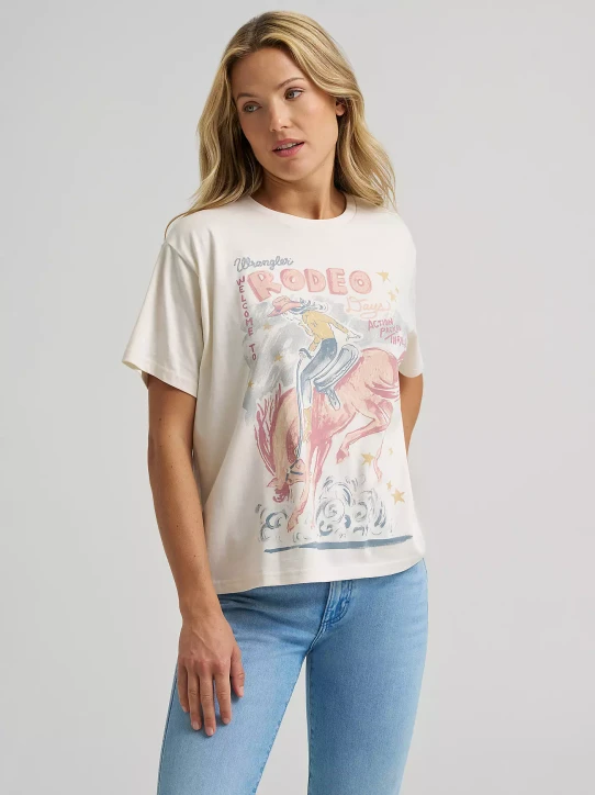 Wrangler Women's Action Packed Rodeo Girlfriend Graphic Tee in Egret hero shot