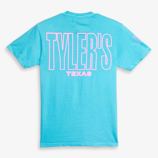 TYLER'S Youth Neon Block Tee Lagoon Blue/Neon Pink back view