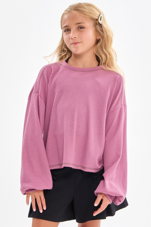 Good Girl Girls' Open Back Thermal Knit Top in Mauve full length