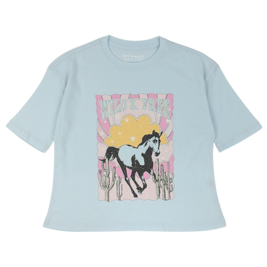 Tiny Whales Girls' Wild and Free Tee in Baby Blue front view