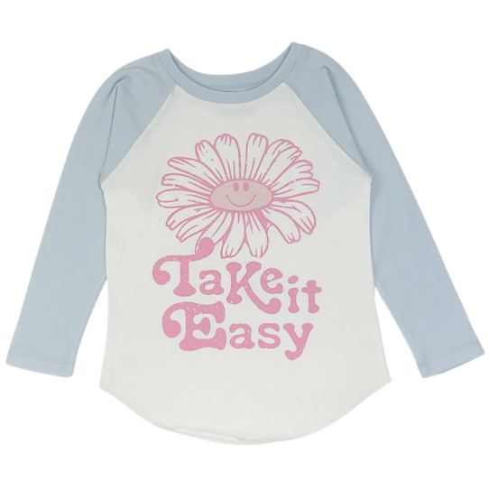 Tiny Whales Girls' Take It Easy Raglan Long Sleeve Tee in Natural and Baby Blue