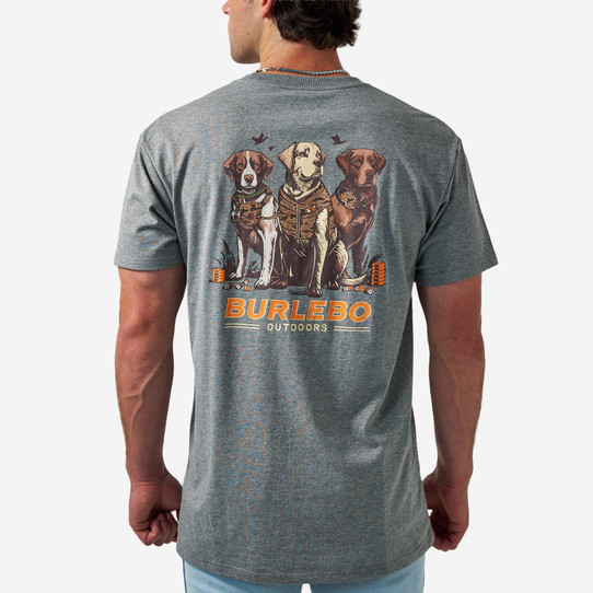Burlebo Men's Camo Duck Dogs Tee in Dark Heather Grey model shot