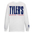 TYLER'S White/Navy Long Sleeve Block Tee back view Austin
