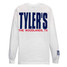 TYLER'S White/Navy Long Sleeve Block Tee back view The Woodlands