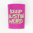 TYLER's Keep Austin Weird Koozie in teal and black angle view