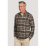 Model wearing the True Grit Men's Crossroads Plaid Knit Shirt in the Charcoal and Natural colorway