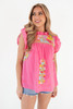 J. Marie Women's Nellie Ruffle Neck Top in Pink/Multi colorway