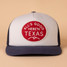 The THC Provisions Cedar Chopper Trucker Hat in the All's Good White and Navy Colorway