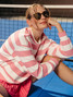 Thrive Societe Striped V-Neck Pullover in Solar Pink White front view