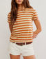 Free People Women's Nora Striped Cotton Tee in Mocha Combo