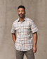 Filson Men's Lightweight Alaskan Guide Shirt Light Blue and Tan Plaid pocket detail