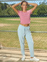 Thrive Societe Women's Stripe Crew Neck Tee in Solar Pink White styled view