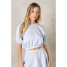 La Biz Women's Neoprene Cropped Raglan Short Sleeve Sweatshirt in Pastel Blue