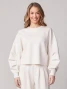 Thrive Societe Women's Pleated Cropped Crew Pullover Heather Oatmeal Front