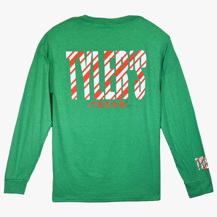 Product image of the back graphic of a seasonal holiday long sleeve tee in the colorway stripe/ holly