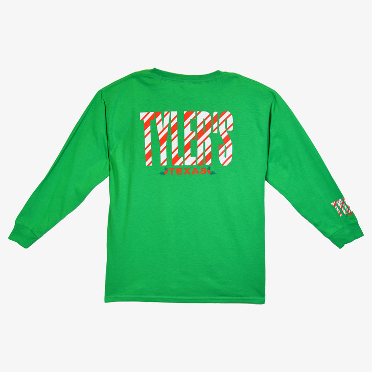 Product image of the back graphic of a youth sized seasonal holiday long sleeve tee in the colorway stripe/ holly