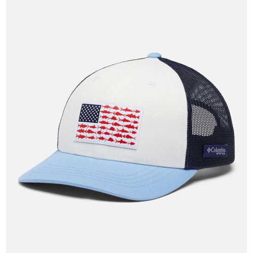 Columbia PFG Boys Mesh Back Hat Blue White OS American Flag Fishing Logo