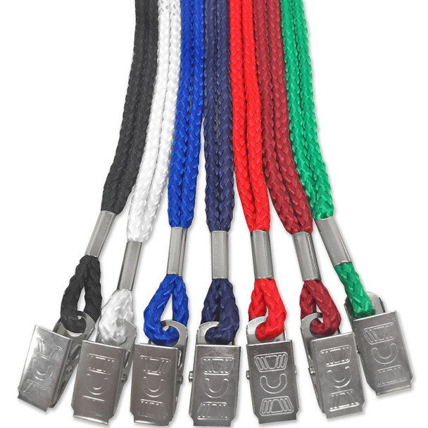 1/4" Premium Braided Bull dog clip lanyard. Available in 7 versatile colors: red, white, royal blue, navy blue, black, burgundy, and green.