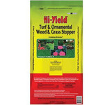 Hi-Yield Turf & Ornamental Weed & Grass Stopper, green and red bag of weed control product with images of landscaped gardens and flowers.