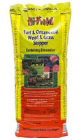 Hi-Yield Turf & Ornamental Weed & Grass Stopper, yellow and red bag of lawn treatment containing dimensions and images of flowers and grass.