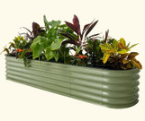 Vego 17" Tall 9 in 1 Modular Metal Raised Garden Bed Kit, green metal garden bed filled with vibrant plants and flowers.