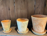 Aged Terra Cotta Round Tall Flower Pot & Saucer (AT01&AT02) made by Robert & Stevens Potters here at Twin Oaks Nursery & Supply
