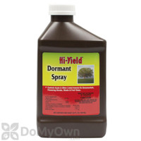 Hi-Yield Dormant Spray, a brown plastic bottle with a white cap, used for controlling scale and other pests on ornamentals, flowering shrubs, shade and fruit trees.