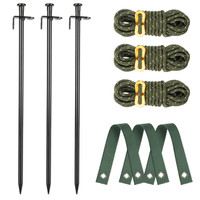 Tree Stakes 15.75 in. Heavy Duty, black metal stakes with pointed ends, three durable green guy ropes with metal grommets, and three green strap anchors for securing trees or plants.